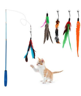 Depets Cat Feather Wand, Retractable Cat Wand Toy, 5Pcs Assorted Feather Refills With Bell, Interactive Cat Toy Wand For Indoor Cat And Kitten Funny Exercise
