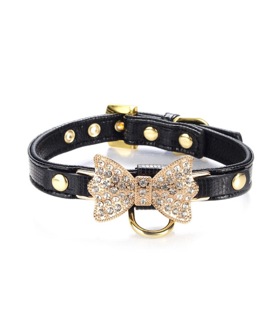 Lovpe Gold Bling Diamond Giltter Leather Fashion Collar With Ring For Tags For Small Dogs,Cat,Puppy And Kitty Walking Travel Party Gifts Tedd, Poodle Dog,Bulldog And Yorkshire Terrier (S, Black)