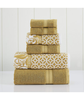 Modern Threads Trefoil Filigree 6-Piece Reversible Yarn Dyed Jacquard Towel Set - Bath Towels, Hand Towels, Washcloths - Super Absorbent Quick Dry - 100 combed cotton
