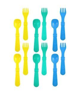 RE-PLAY Made in USA 12pk Toddler Feeding Utensils Spoon and Fork Set Made from BPA Free Eco Friendly Recycled Milk Jugs Dishwasher Safe Microwave Safe Surf Without carrying case