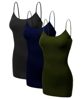 Emmalise Womens Basic casual Long camisole Adjustable Strap cami Layering Top, 3XL, 3Pk Black, Navy, Olive