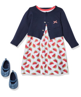 Hudson Baby Baby girl cotton Dress, cardigan and Shoe Set, Watermelon, 9-12 Months
