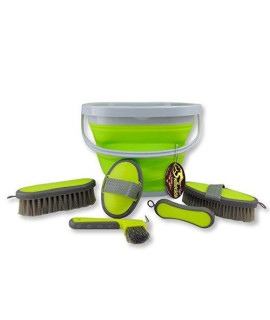 collapsible grooming Kit 10 Liter Bucket and 5 grooming Tools by Southwestern Equine (Lime green)