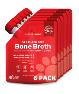 Primalvore Grass-Fed Beef Bone Broth for Dogs &Cats, Mobility Formula w/ Collagen Peptides to Help Support Hip & Joints, Digestion, Skin & Coat and Hydration, Human Grade, Made in USA. Beef 6 Pack