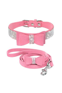 Beirui Rhinestone Bling Leather Dog Collar And Leash Set - Soft Flocking Sparkly Crystal Diamonds Studded - Cute Double Bowknot Cat Collar With 4 Foot Leash For Pet Show,Pink,Neck:6-8