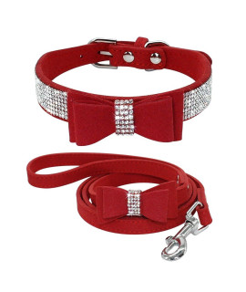 Beirui Rhinestone Bling Leather Dog Collar And Leash Set - Soft Flocking Sparkly Crystal Diamonds Studded - Cute Double Bowknot Collar With 4 Foot Leash For Pet Show,Red,Neck Fit 10-125