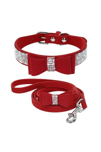 Beirui Rhinestone Bling Leather Dog Collar And Leash Set - Soft Flocking Sparkly Crystal Diamonds Studded - Cute Double Bowknot Cat Collar With 4 Foot Leash For Pet Show,Red,Neck:6-8