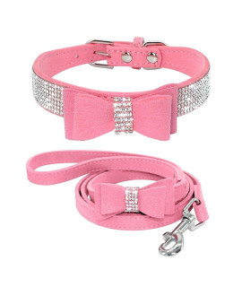 Beirui Rhinestone Bling Leather Dog Collar And Leash Set - Soft Flocking Sparkly Crystal Diamonds Studded - Cute Double Bowknot Collar With 4 Foot Leash For Pet Show,Pink,Neck Fit 10-125