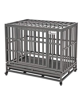 SMONTER 38" Heavy Duty Dog Crate Strong Metal Pet Kennel Playpen with Two Prevent Escape Lock, Large Dogs Cage with Wheels, Dark Silver