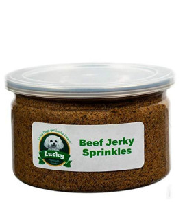 Lucky Premium Treats Beef Jerky Sprinkles Dog Food Topper 7 oz. Jar - All-Natural Beef Jerky Kibble Seasoning Add Flavor to Your Dogs Food Made in The USA