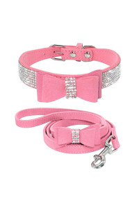 Beirui Rhinestone Bling Leather Dog Collar And Leash Set - Soft Flocking Sparkly Crystal Diamonds Studded - Cute Double Bowknot Collar With 4 Foot Leash For Pet Show,Pink,Neck Fit 125-15