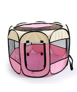 WOWOWMEOW Foldable 8 Panels Pet Playpen Portable Dog cage Fence with Zipper Door for cats Dogs Rabbits or Small Animals (S Beige Pink)