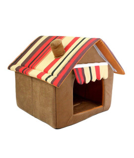 WOWOWMEOW Pet Foldable Stripe cat Dog House Bed cozy Plush Pet cave Bed for Puppies cats and Small Animals (XL Brown)