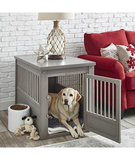 ModHaus Living contemporary End Table Pet crate and Kennel with Stainless Steel Spindles - Includes Pen (Large gray)
