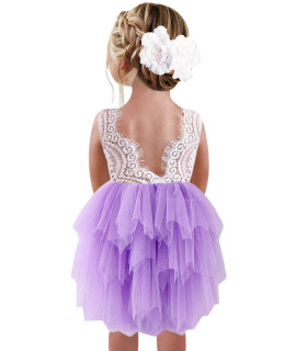 2Bunnies girl Peony Lace Back A-Line Tiered Tutu Tulle Flower girl Dress (Purple Sleeveless Short, 2T)