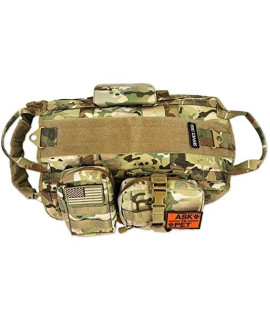 Dog Tactical Harness, 1000D Nylon Molle Vest With Leash, 3 Pouches, 3 Patches, Collapsible Bpa Free Bowl, Camo Large