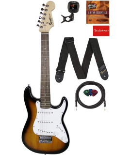Fender Squier 34 Size Kids Mini Strat Electric guitar Learn-to-Play Bundle with Tuner, Strap, Picks, Fender Play Online Lessons, and Austin Bazaar Instructional DVD - Brown Sunburst