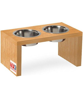 TFKitchen Elevated Pet Feeder in Teak Wood, Double Bowl Raised Stand (1 Quart), 15" Width x 8" Depth x 7" Tall