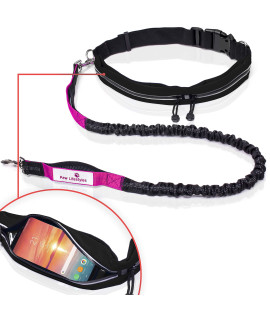 Paw Lifestyles Retractable Hands Free Dog Leash WSmartphone Pouch - Dual Handle Bungee Waist Leash for Up to 150 lbs Large Dogs (Black and Magenta wSmartphone Pouch)