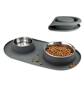 Double Dog Cat Bowls Stainless Steel Pet Bowl with No Spill Non-Skid Silicone Mat, 2 Feeder Food Water Bowl for Small Medium Large Dogs, Puppies, and Pets