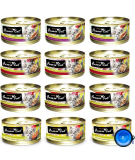 Fussie Cat Premium Canned Grain Free Cat Wet Food - Variety Bundle 4 Flavors Pack with HS Pet Food Bowl (12 Cans) (Tuna & Ocean Fish- Tuna & Salmon - Tuna & Shrimp - Tuna & Chicken) (2.82 Oz)