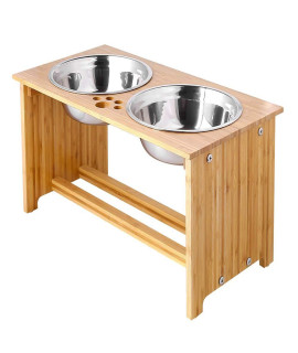 Foreyy Raised Pet Bowls For Cats And Small Dogs Bamboo Elevated Dog Cat Food And Water Bowls Stand Feeder With 2 Stainless Steel Bowls And Anti Slip Feet (15 Tall-65 Oz Bowl)
