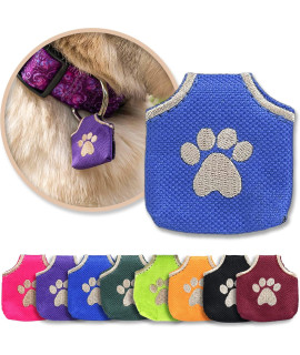 Woofhoof Dog Tag Silencer, Blue Pawprint - Quiet Noisy Pet Tags - Fits Up to Four Pet IDs - Dog Tag cover Protects Metal Pet IDs, Made of Durable Nylon, Universal Fit, Machine Washable