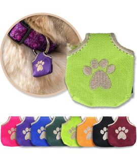 Woofhoof Dog Tag Silencer, Lime Pawprint - Quiet Noisy Pet Tags - Fits Up to Four Pet IDs - Dog Tag cover Protects Metal Pet IDs, Made of Durable Nylon, Universal Fit, Machine Washable