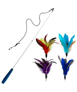 Cat Toys - Cat Teaser Toys - Include Cat Wand And Natural Feather Refills (5 Pack)