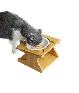 Smith Chu Premium Elevated Pet Bowls, Raised Dog Cat Feeder Solid Bamboo Stand with Ceramic Food Feeding Bowl - Cute Kitty Bowl for Cats and Puppy (Single Bowl)