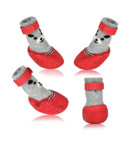 Dog Cat Boots Shoes Socks with Adjustable Waterproof Breathable and Anti-Slip Sole All Weather Protect Paws(Only for Tiny Dog) (L, Red)