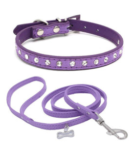 Benala One Row Bling Diamond Rhinestone Suede Leather Pet Dog Collar and Leash 2Pcs for Small Medium Dogs Purple,M