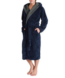 David Archy Mens Hooded Fleece Plush Soft Shu Velveteen Robe Full Length Long Bathrobe (M, Navy Blue)
