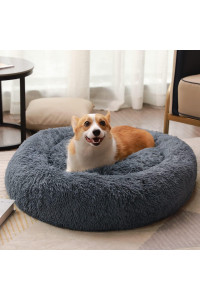 Luciphia Round Dog Cat Bed Donut Cuddler, Faux Fur Plush Pet Cushion For Large Medium Small Dogs, Self-Warming And Cozy For Improved Sleep Dark Grey, Medium(23X23)