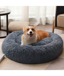 Luciphia Round Dog Cat Bed Donut Cuddler, Faux Fur Plush Pet Cushion For Large Medium Small Dogs, Self-Warming And Cozy For Improved Sleep Dark Grey, Medium(23X23)