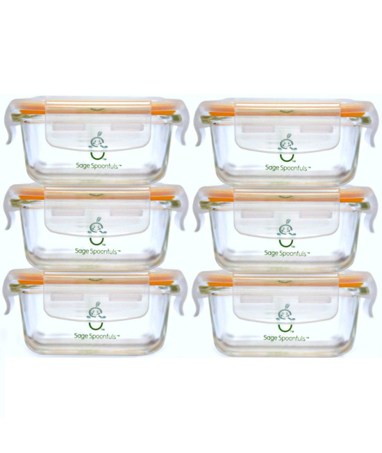 Sage Spoonfuls glass Baby Food containers with Lids - 6 Pack, 4 oz Baby Food Jars, Durable Leakproof, Freezer Storage, Reusable Small glass Baby Food containers, Microwave Dishwasher Friendly