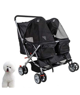 Karmas Product 4-Wheel Double Pet Stroller Cat Dog Walk Travel Folding Carrier For 2 Pets