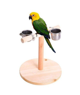 Litewood Bird Perch Wood Training Stand Parrot Wooden Platform Stand with Stainless Steel Feeder cup for Parakeet conure cockatiel cage Accessories Exercise Toy (Design 2 (2 cups))