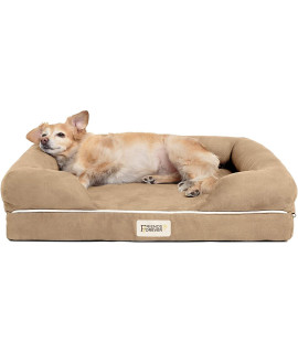 Friends Forever Memory Foam Orthopedic Dog Bed Lounge Sofa Machine Washable Removable cover Premium Extra Soft Faux Suede Edition Indoor calming couch Mattress With Bolster Rim Khaki Beige Small
