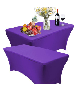 Reliancer 2 Pack 4Ft Rectangular Spandex Table Cover Four-Way Tight Fitted Stretch Tablecloth Table Cloth For Outdoor Party Dj Tradeshow Banquet Vendor Wedding Celebration (2Pc 4Ft, Purple)