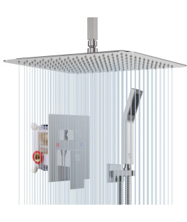 Sr Sun Rise 16 Inches Brushed Nickel Shower System Bathroom Luxury Rain Mixer Shower Combo Set Ceiling Mounted Rainfall Shower Head Faucet (Contain Shower Faucet Rough-In Valve Body And Trim)