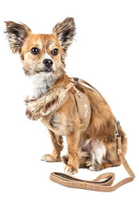 Pet Life Luxe Furracious 2-in-1 Mesh Reversed Adjustable Dog Harness-Leash W/Removable Fur Collar, X-Small, Khaki