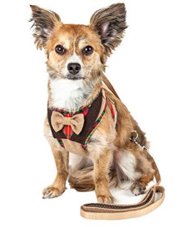 Pet Life Luxe Dapperbone 2-in-1 Mesh Reversed Adjustable Dog Harness-Leash W/Fashion Bowtie, X-Small, Brown