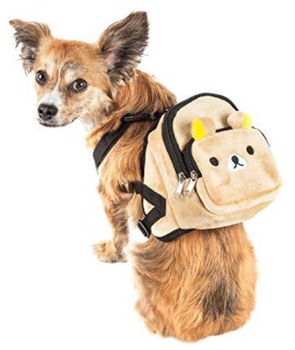 Pet Life Teddy Tails Dual-Pocketed Compartmental Animated Dog Harness Backpack, Small, Brown