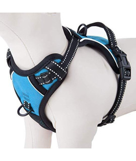 PHOEPET Reflective Dog Harness No Pull Large Breed Vest with 2 Metal Leash Attachment Hooks(L, Blue)