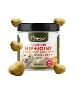 Primova - Advanced Dog Hip and Joint Calming Treats with Hemp Oil, Turmeric, Green Lipped Mussel, and Coconut Oil, Calming Chews for Dogs, Improves Mobility and Reduces Discomfort, 120 Soft Chews