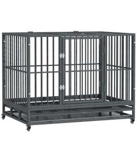 PawHut 42" Heavy Duty Dog Crate Metal Cage Kennel with Lockable Wheels, Double Door and Removable Tray, Grey