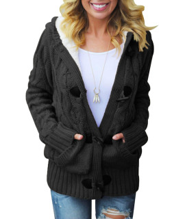 Sidefeel Women Button Up Cardigan Hooded Sweater Coat Outwear With Pockets Xx-Large Black