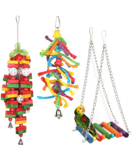 3 Pack Bird Parrot Toys Set Hanging Bell Pet Bird Cage Hammock Swing Toy Hanging Toy for Small Parakeets Cockatiels, Conures, Macaws, Parrots, Love Birds, Finches