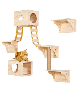 Tinton Life 9Pcs Wall Wood Cat Climber Set - 2 Cat Condos Houses & 4 Cat Shelves & 2 Ladders & 1 Sisal Cat Scratching Post Cat Steps Cat Perch Cat Bed